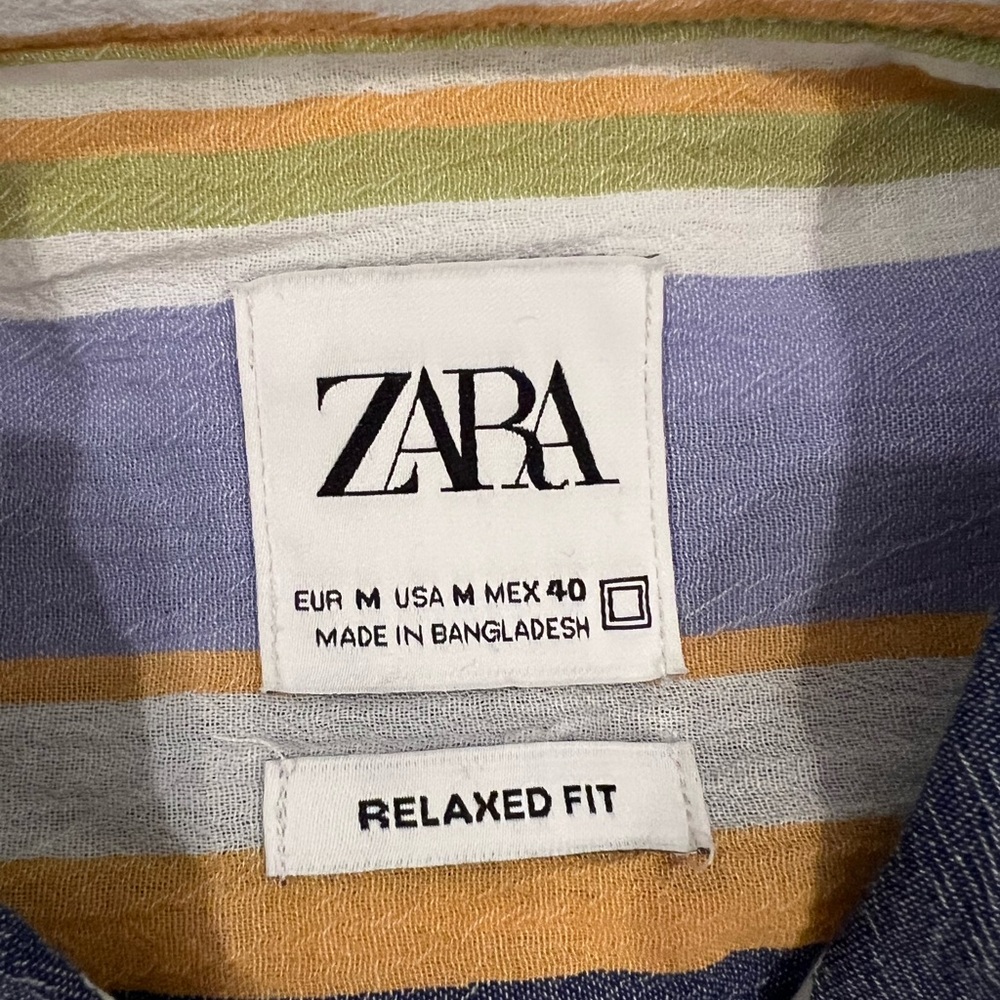 Zara short-sleeve button-down | blue, yellow, & white Stripes | Sz M | Like New - Picture 9 of 9